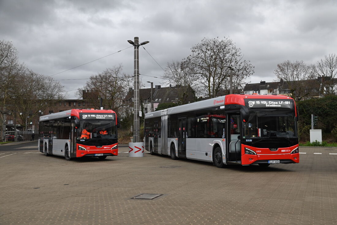 Die beiden ersten VDL-Batteriebusse der Rheinbahn versetzt nebeneinander. Solowagen werden bei der Rheinbahn grundsätzlich dreitürig, Gelenkwagen viertürig beschafft. Foto: Volker Eichhorst